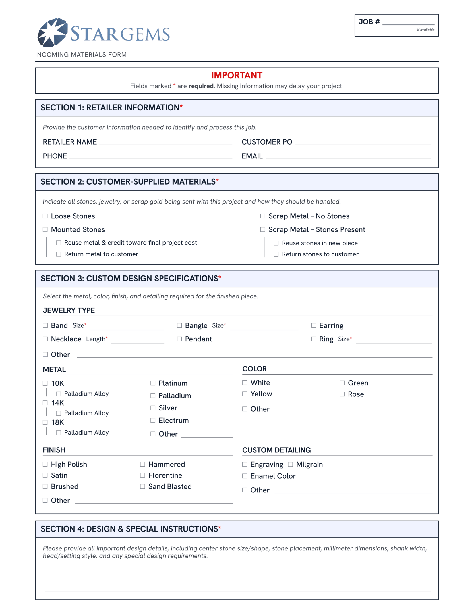 Incoming Materials Form